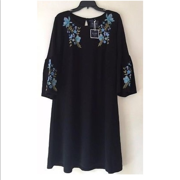 Kaari Blue Dresses & Skirts - 🎉HP🎊Shift Dress 3/4Bell Sleeve Floral Embroidery
